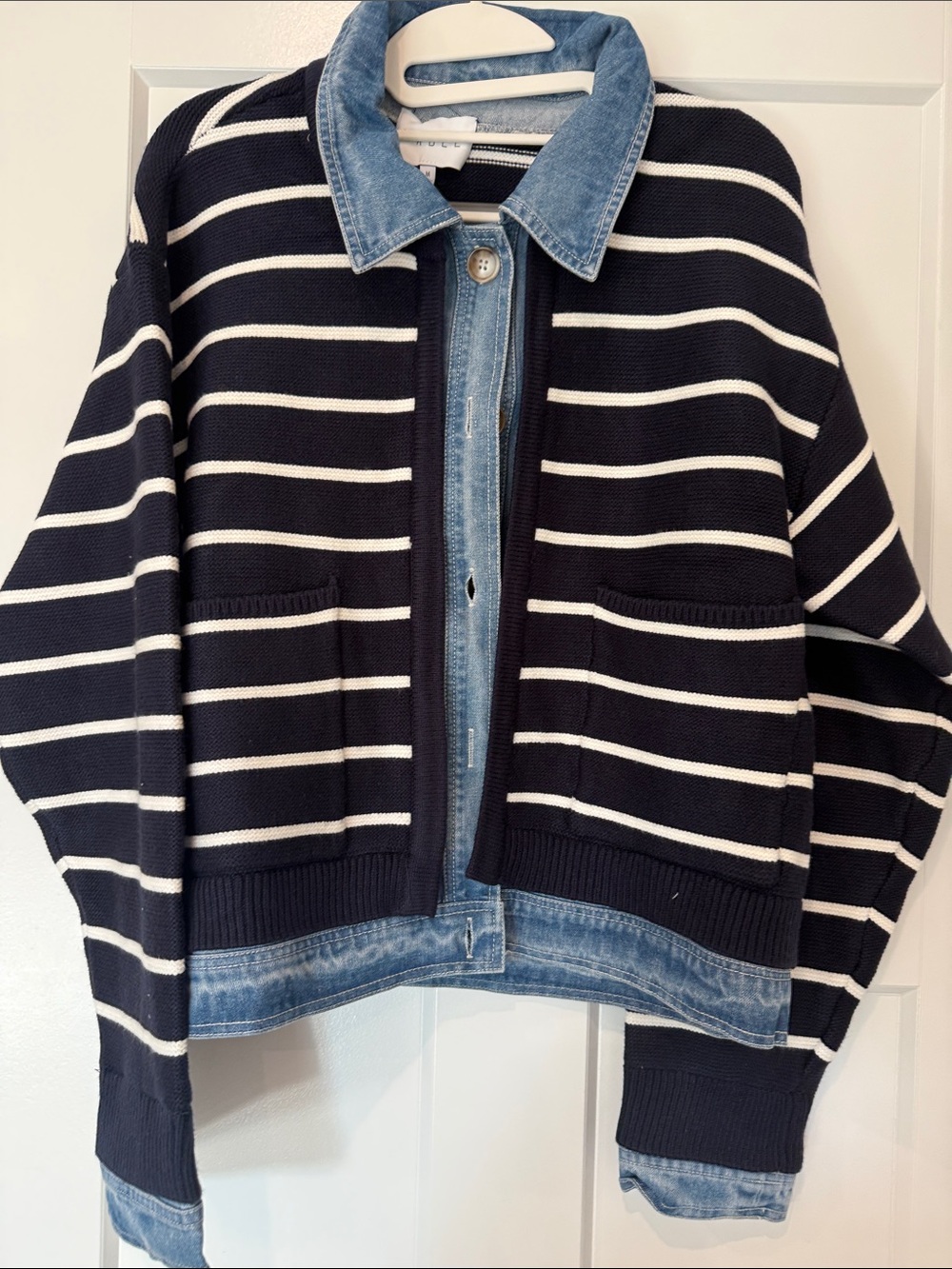 Striped Navy & White Knit Jean-Trim Jacket